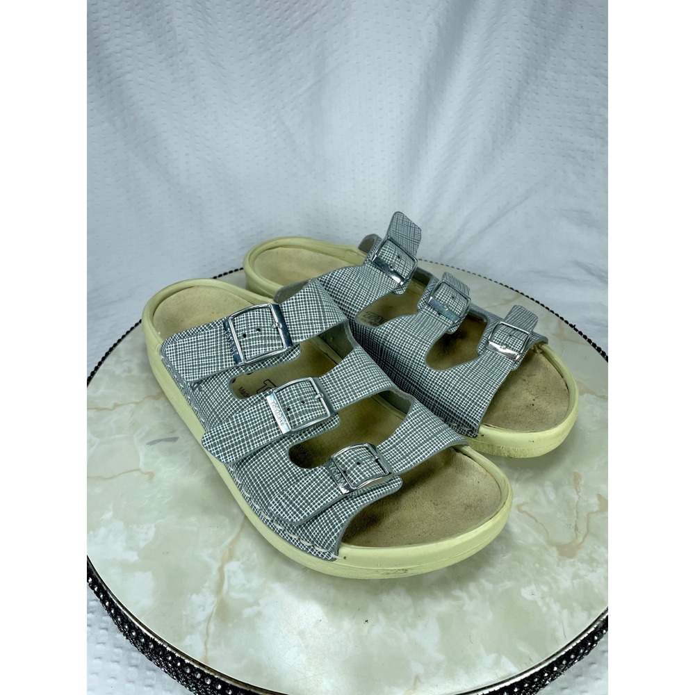 Birkenstock Florida Triple Strap Slide Sandals Womens 10-10.5 Grey Grid Comfort